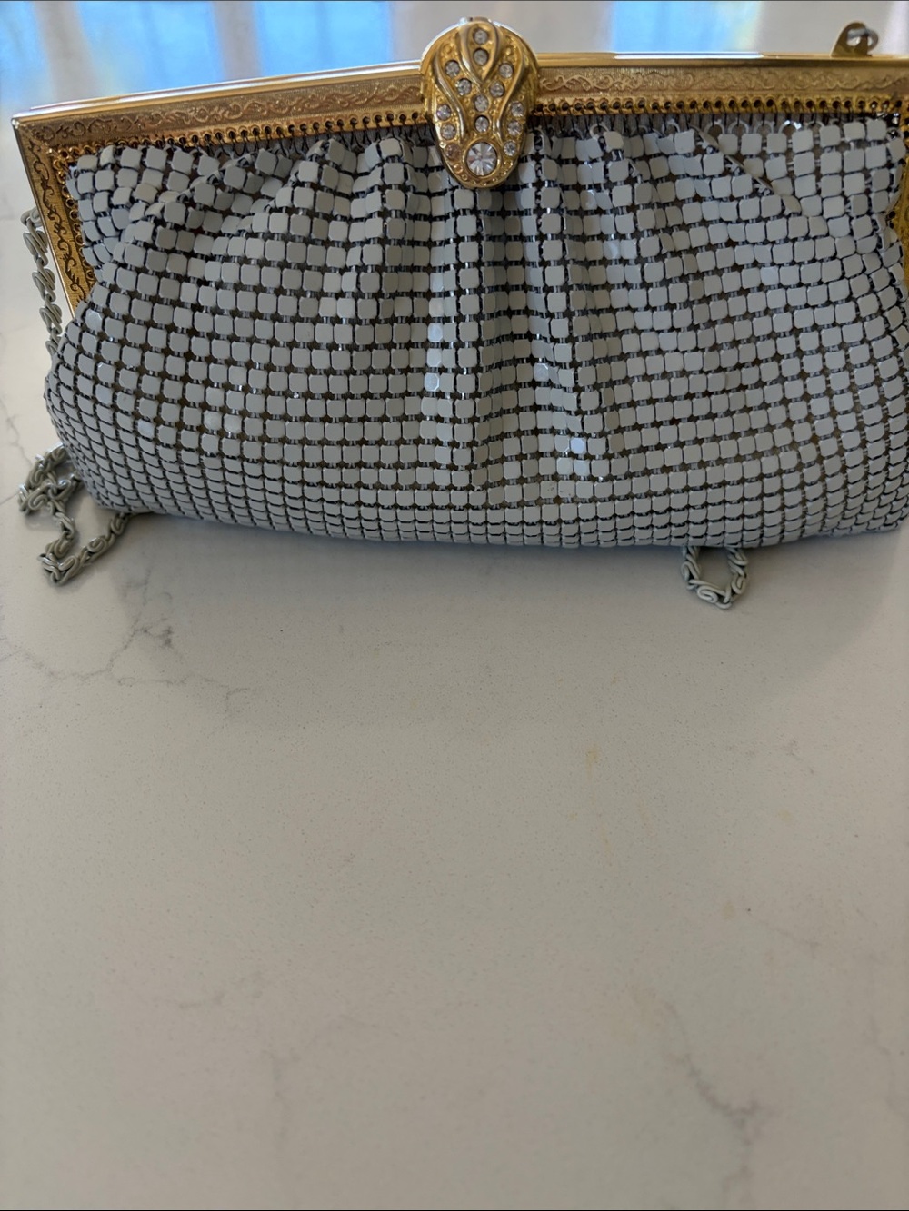 Silver Mesh Evening Clutch with Gold Frame BY FIONA
